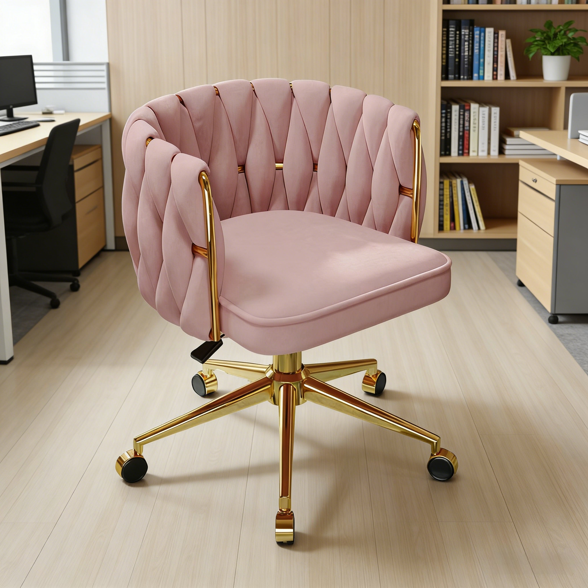 Chaise de Maquillage Rotative Velours Rose, Design Moderne Doré